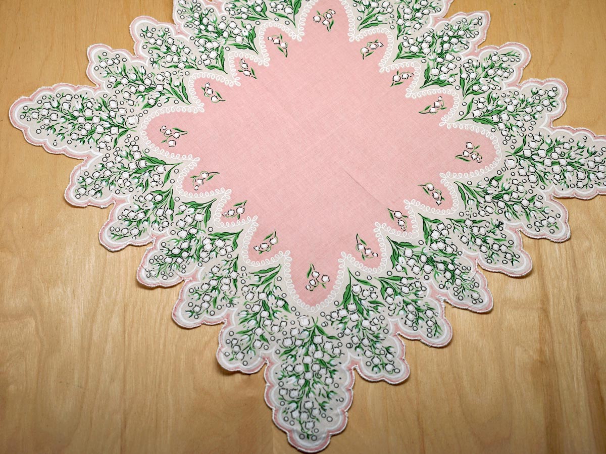 Vintage Pink Lily of the Valley Handkerchief with Scalloped Edge