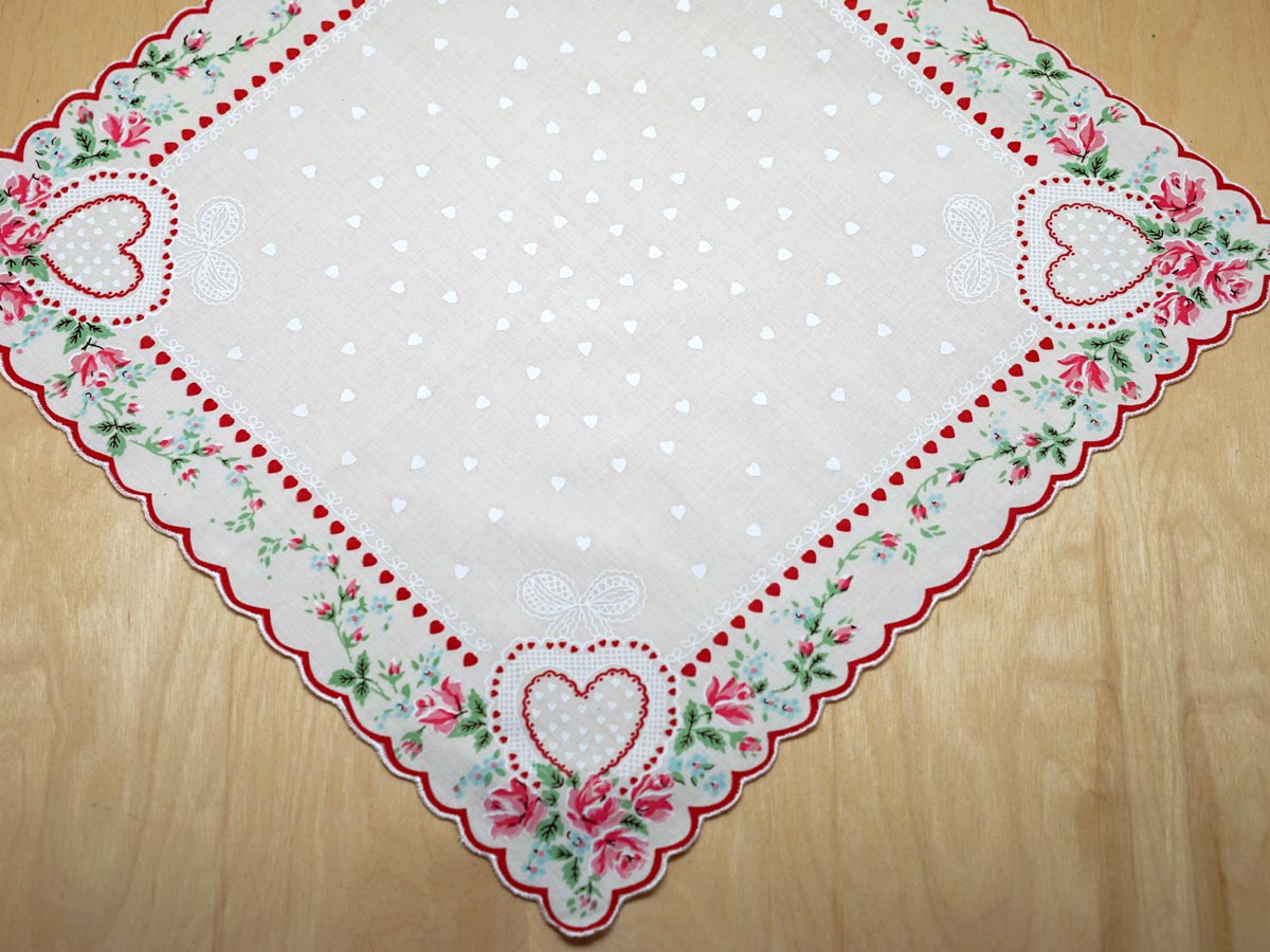 Vintage Romantic White Hankie with Heart and Floral Border