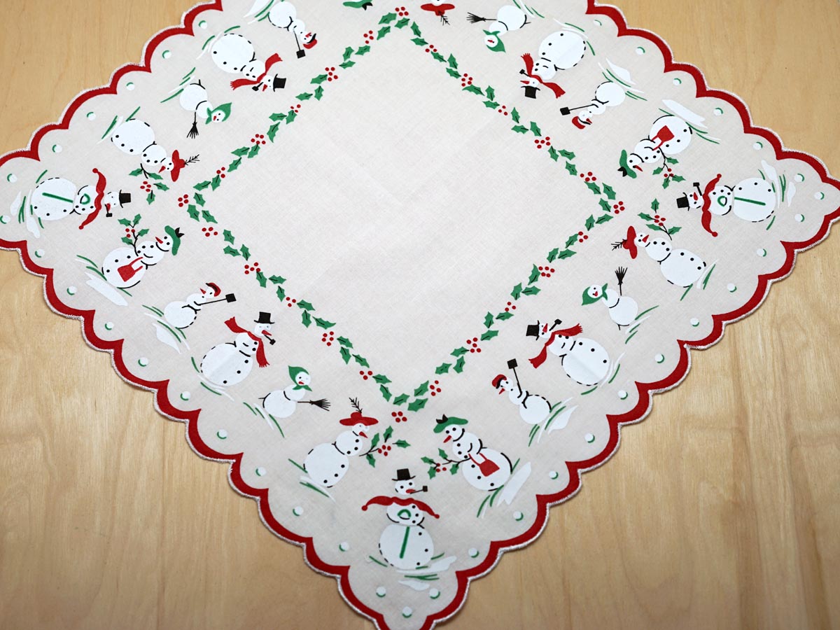 Vintage Snowman Handkerchief with Holly