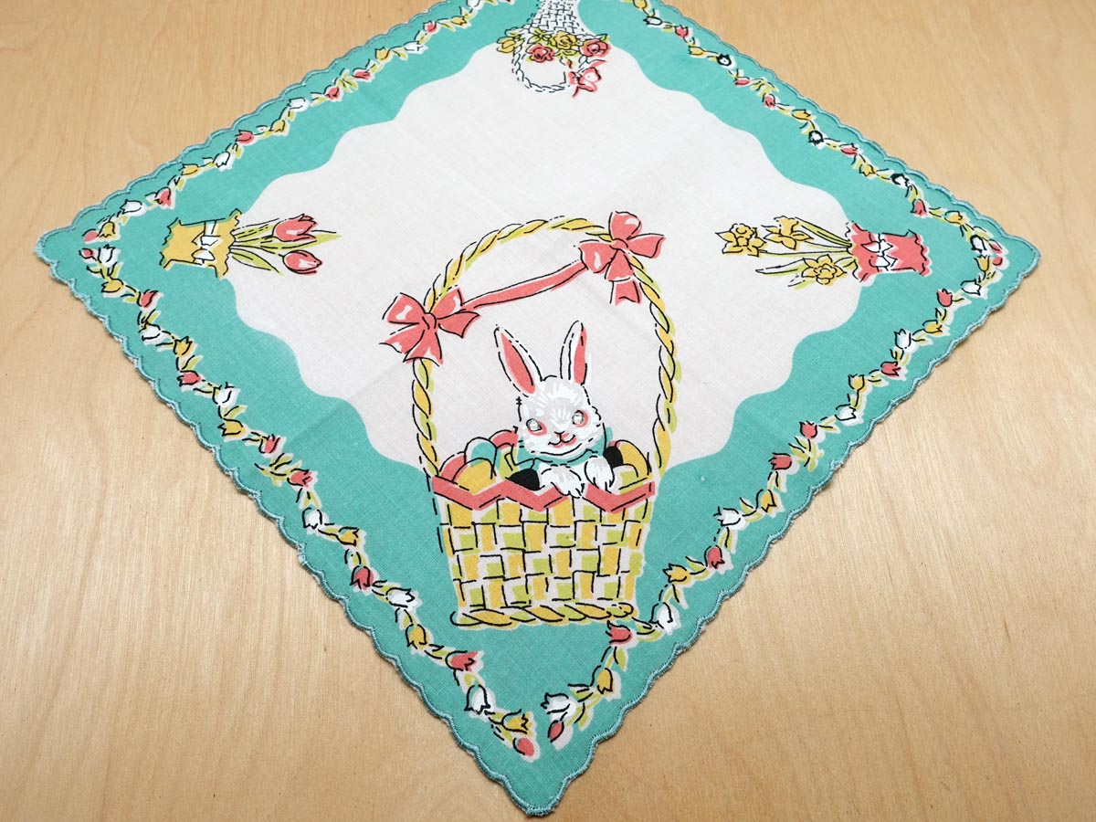 Vintage Inspired Easter Bunny Basket Print Hankie