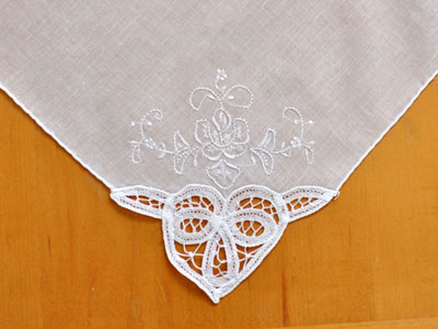 Set of 3 White Battenburg Lace Corner Handkerchiefs with Roses