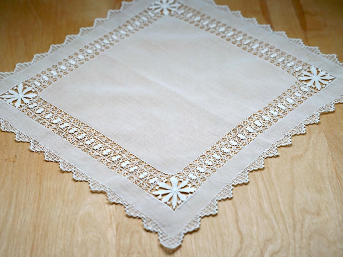 Venetian Hemstitched and Drawnwork Lace Wedding Handkerchief