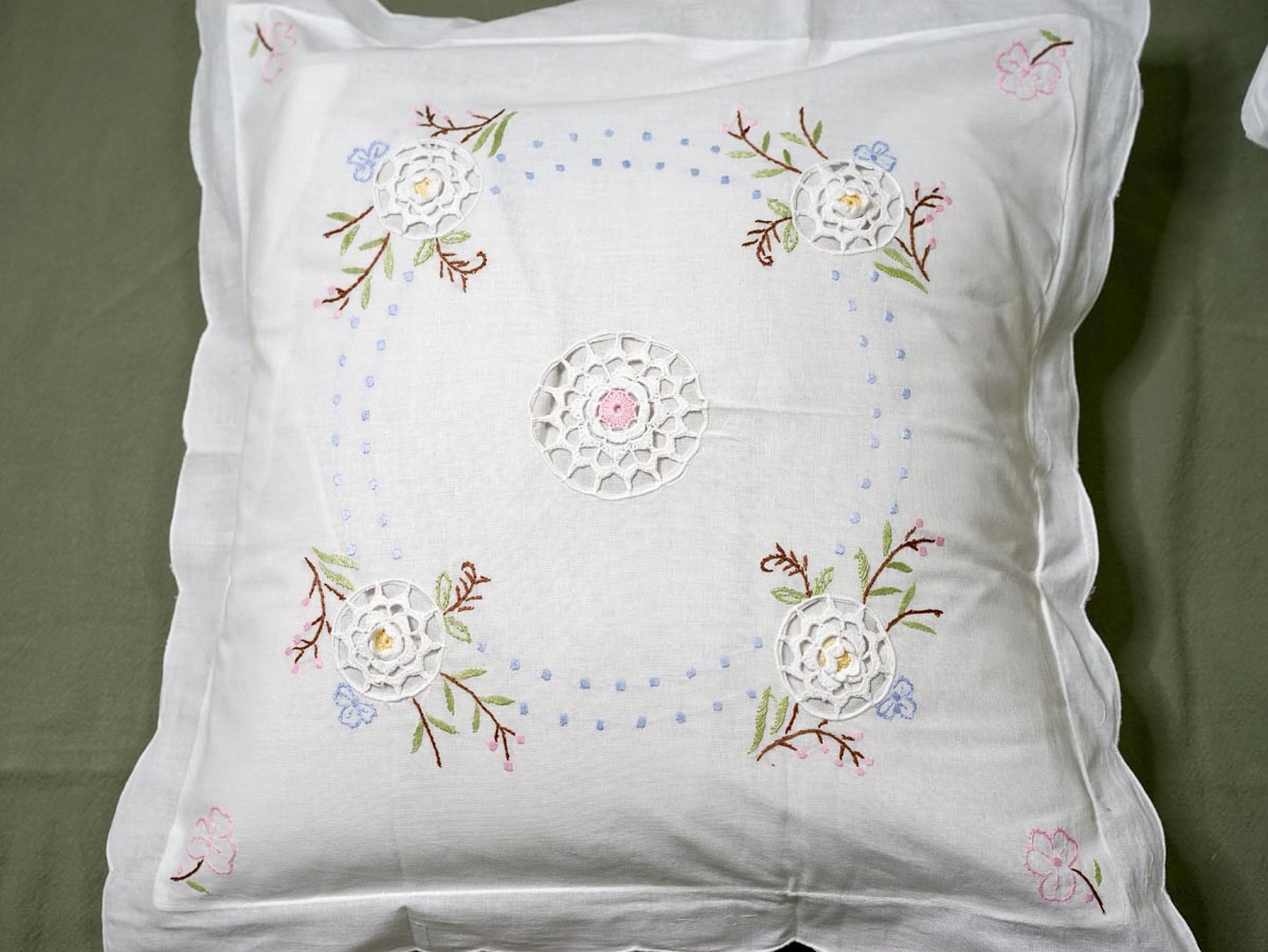 Pair of Throw Pillow Covers with Embroidery and Crochet Lace