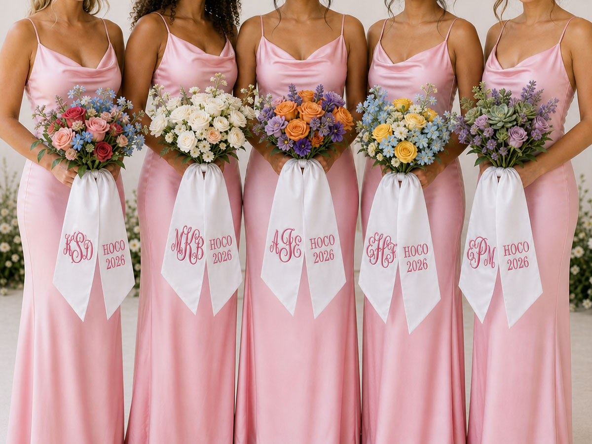 Personalized Satin Bouquet Ribbon Sash 2 Lines 3 Initials Font G