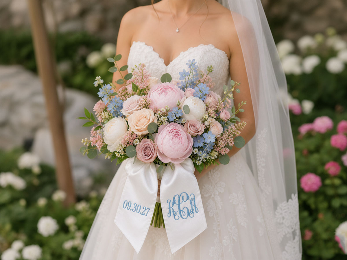 Personalized Satin Ribbon Bouquet Sash 3 Initials Date Font G