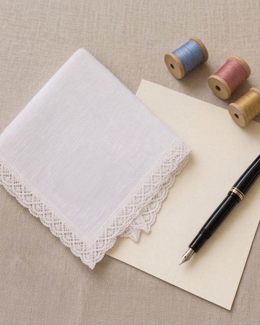 A plain white lace-edged handkerchief beside a blank sheet of notepaper, a fountain pen and three wooden spools of embroidery thread