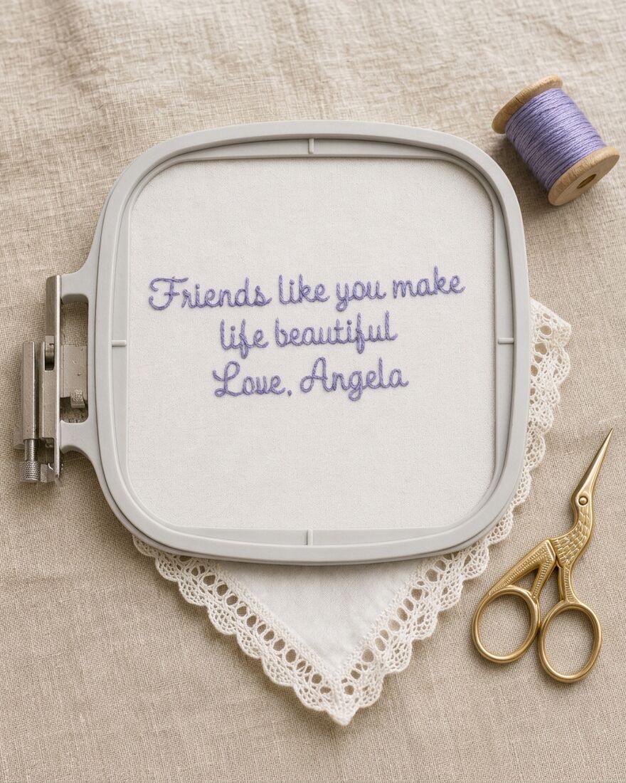 A handkerchief being embroidered with the words Friends like you make life beautiful, Love Angela, beside a spool of lilac thread and gold embroidery scissors