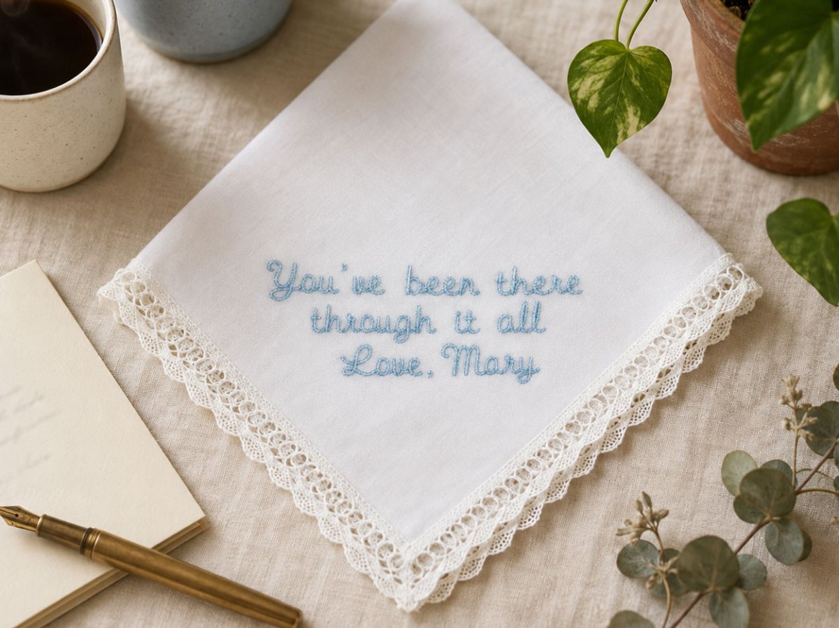 A white handkerchief with a crochet lace edge, embroidered in blue thread: You have been there through it all, Love, Mary