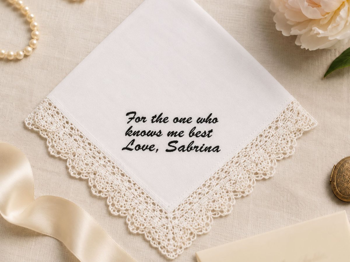 A white handkerchief with a crochet lace edge, embroidered in dark thread: For the one who knows me best, Love, Sabrina